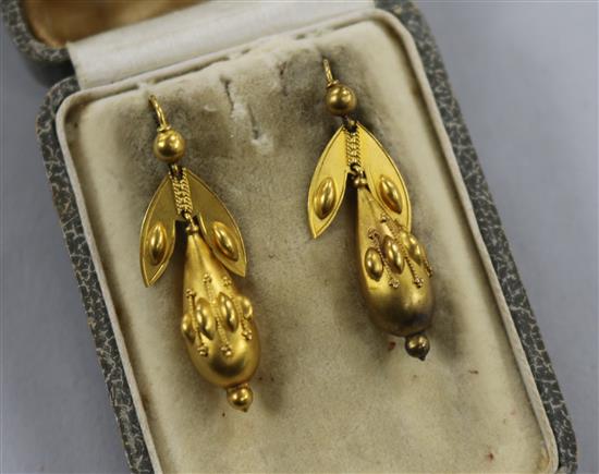 A pair of Victorian gold pear shaped drop earrings, overall 34mm.